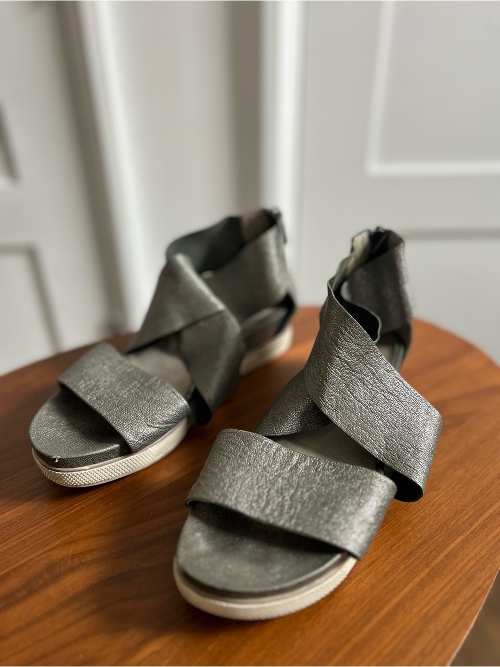 Eileen Fisher Pewter Crisscross Platform Sandals